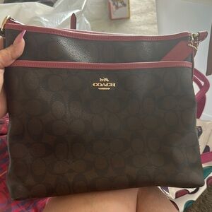 Coach Brown and Red Crossbody Bag with Signature Monogram